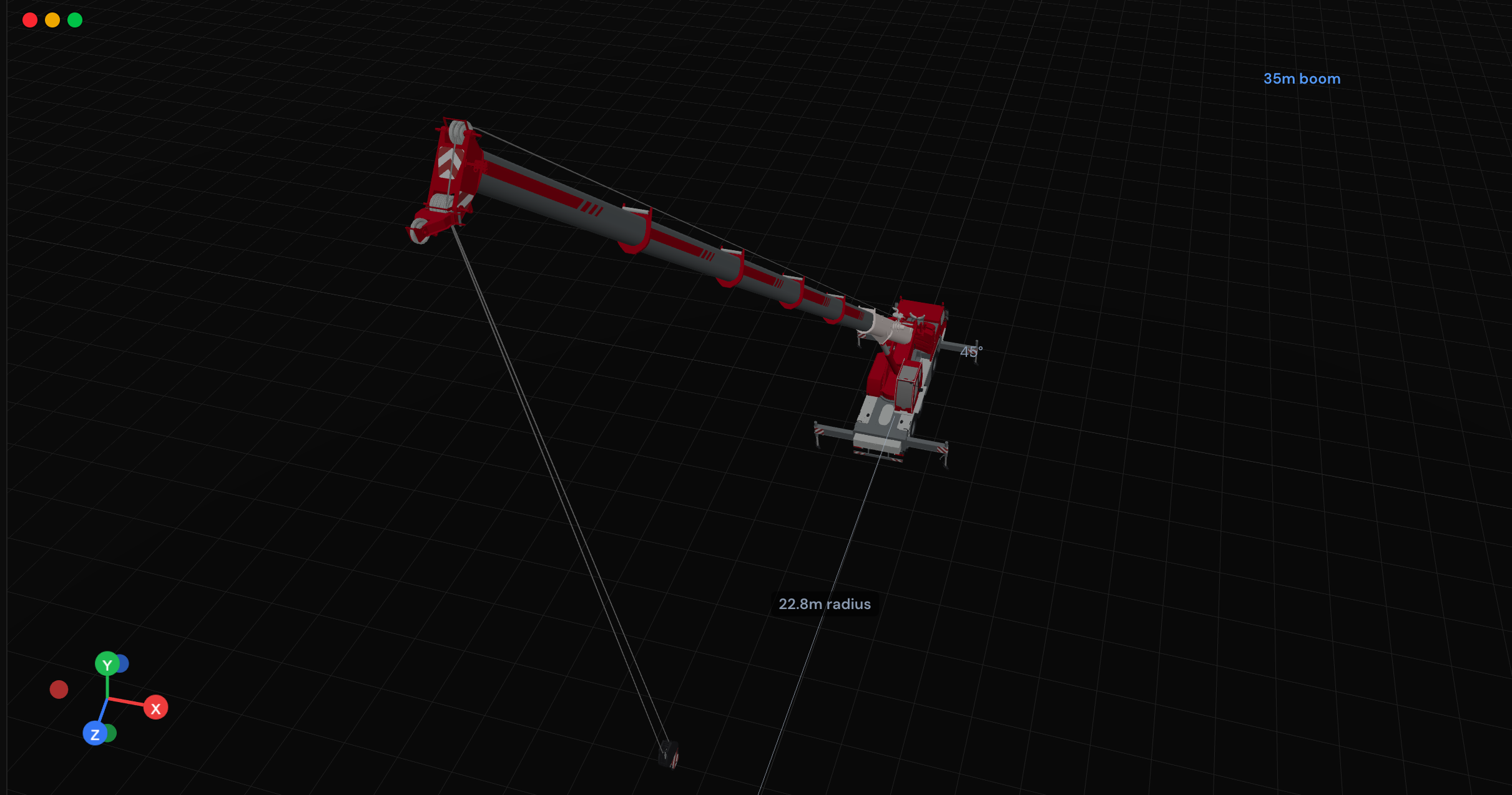 VisualQuip crane planner screenshot showing a mobile crane boom angle and radius labels